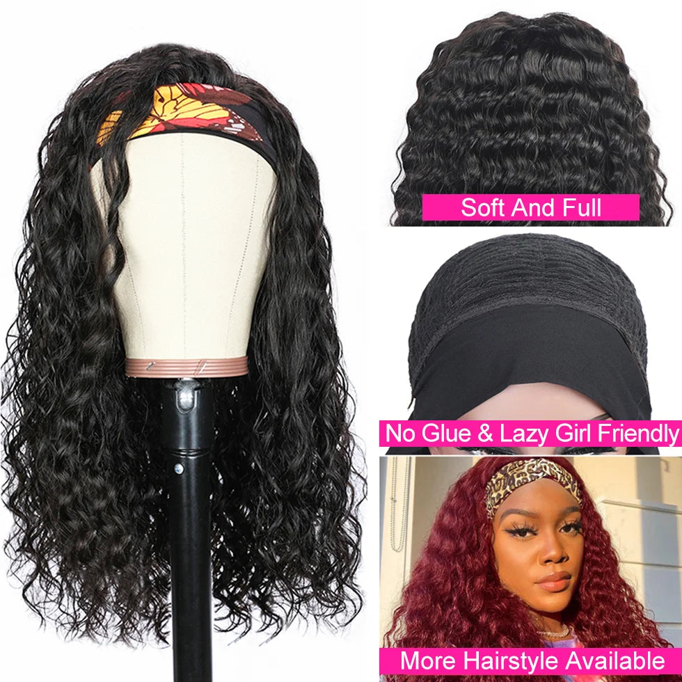 Water Wave Human Hair Headband Wigs For Women Kinky Curly Cheap Wig Fall Machine Made Brazilian Remy Human Hair