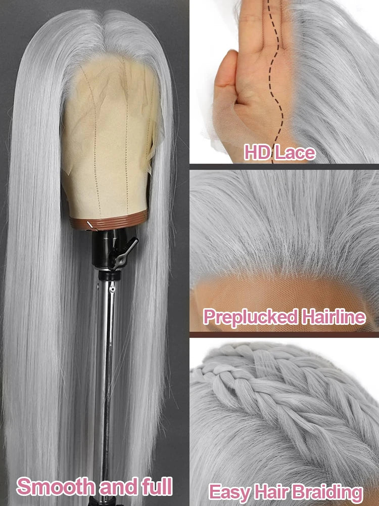 Silver Grey Straight Wigs Human Hair Vietnamese 220% Density 13x6 HD Lace Frontal Colored Wig 38 Pre Plucked With Baby Hairline