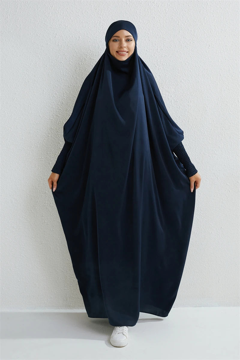 Muslim Abaya Women Jilbab Hooded Smocking Sleeve One-piece Prayer Dress Islamic Clothing Dubai Saudi Black Robe Turkish Modesty