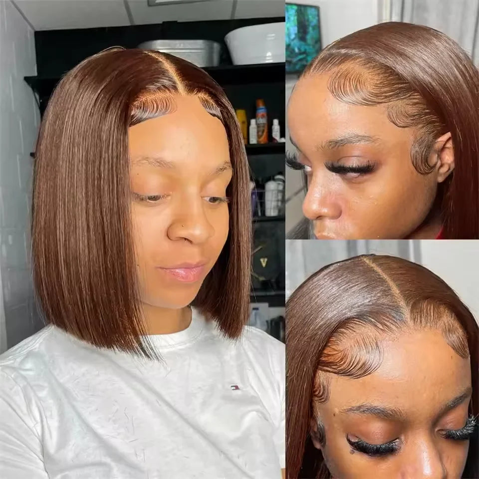 Chocolate Brown Straight 13x4 Lace Frontal Bob Wig Human Hair Brazilian Remy Hair #4 Colored Bob For Women Pre Plucked Hairline