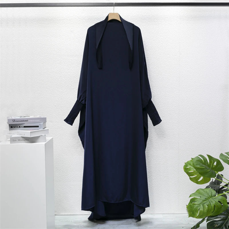 Muslim Abaya Women Jilbab Islamic Clothing Dubai Saudi Black Robe Turkish Modesty One-piece Prayer Dress Hooded Smocking Sleeve