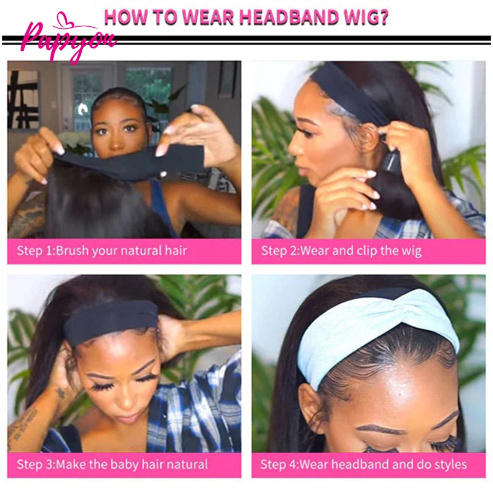 Headband Wigs Brazilian Human Hair Bob Headband Wigs for Women Easy Put On and Go Wigs Short Straight Wigs Machine Made Wig