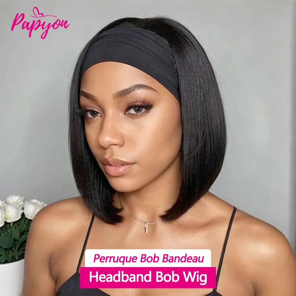 Headband Wigs Brazilian Human Hair Bob Headband Wigs for Women Easy Put On and Go Wigs Short Straight Wigs Machine Made Wig