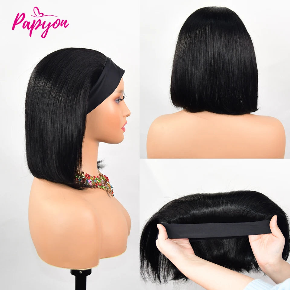 Headband Wigs Brazilian Human Hair Bob Headband Wigs for Women Easy Put On and Go Wigs Short Straight Wigs Machine Made Wig