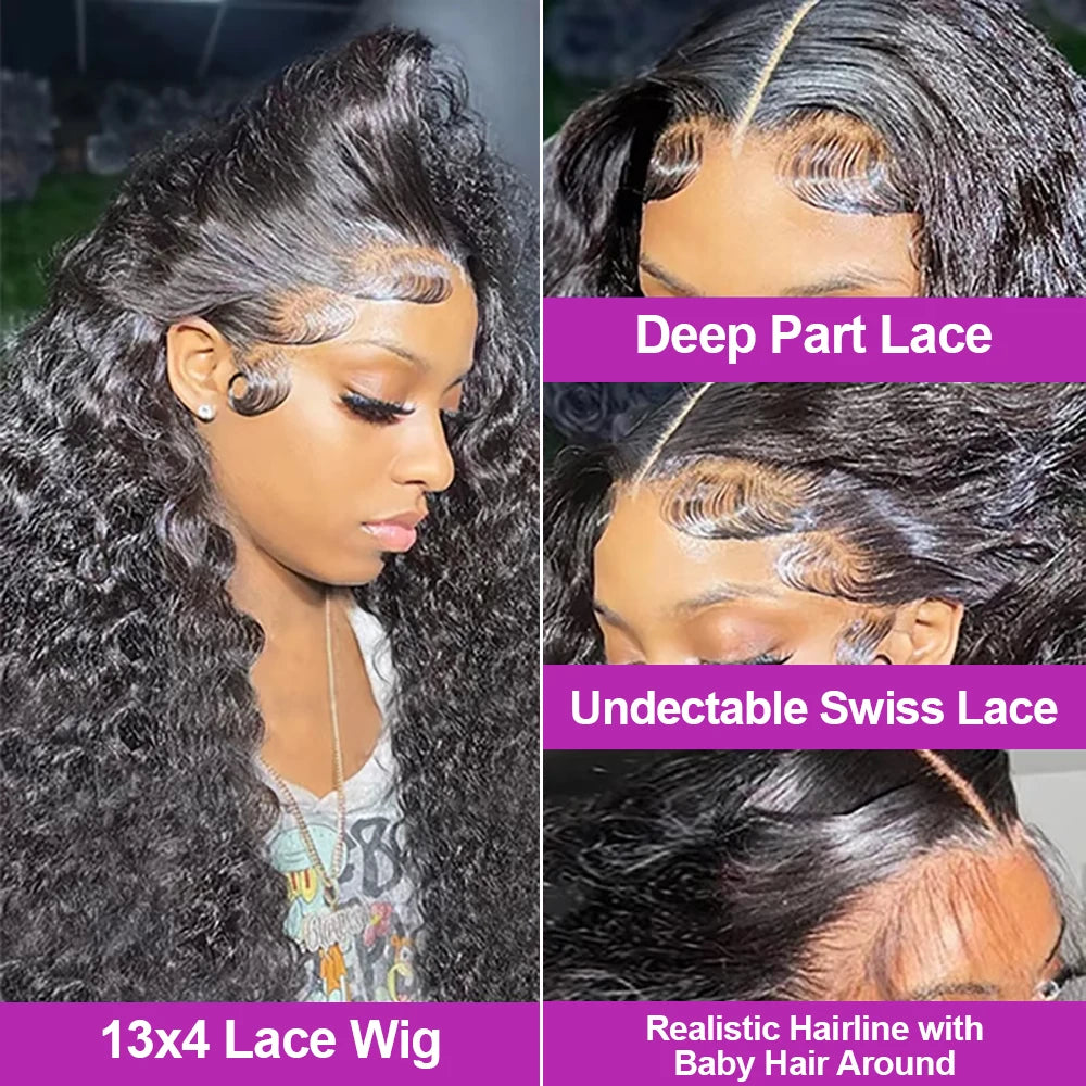 13X6 HD Transparent Deep Wave Lace Frontal Wig Brazilian 36 Inch 13x4 360 Water Curly Lace Front Human Hair Wigs For Women 250%