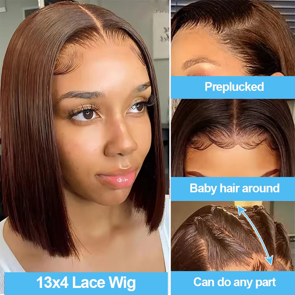 Chocolate Brown Straight 13x4 Lace Frontal Bob Wig Human Hair Brazilian Remy Hair #4 Colored Bob For Women Pre Plucked Hairline