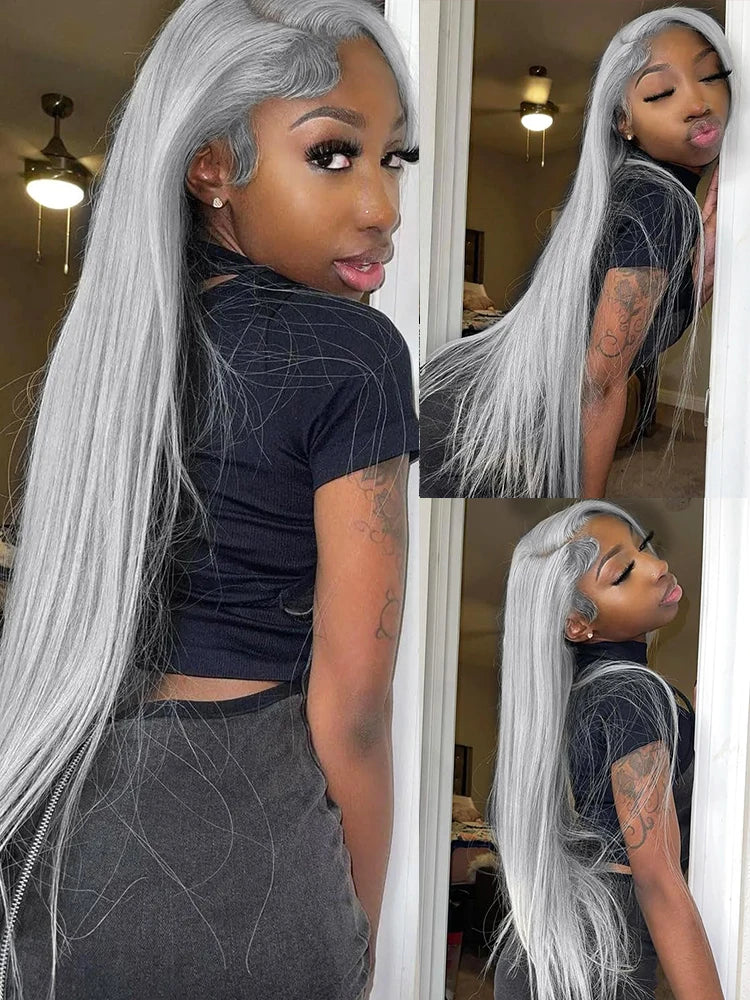 Silver Grey Straight Wigs Human Hair Vietnamese 220% Density 13x6 HD Lace Frontal Colored Wig 38 Pre Plucked With Baby Hairline
