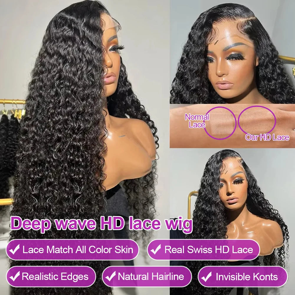 13X6 HD Transparent Deep Wave Lace Frontal Wig Brazilian 36 Inch 13x4 360 Water Curly Lace Front Human Hair Wigs For Women 250%