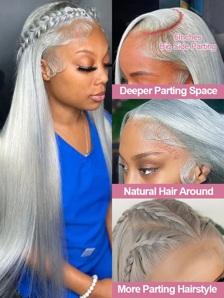 Silver Grey Straight Wigs Human Hair Vietnamese 220% Density 13x6 HD Lace Frontal Colored Wig 38 Pre Plucked With Baby Hairline