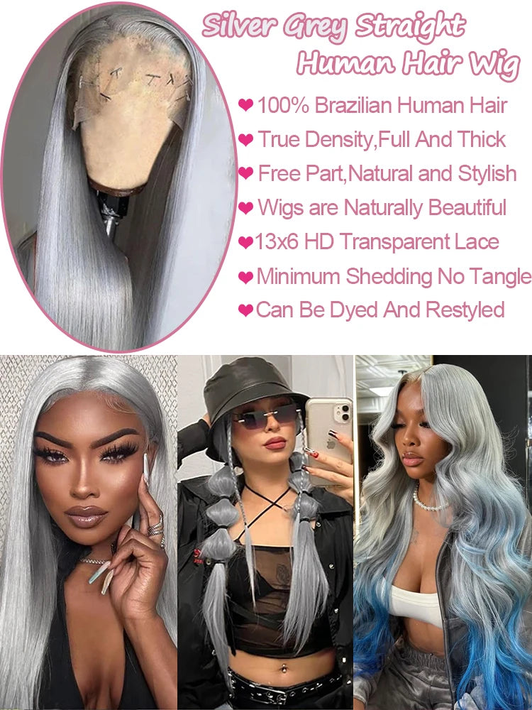 Silver Grey Straight Wigs Human Hair Vietnamese 220% Density 13x6 HD Lace Frontal Colored Wig 38 Pre Plucked With Baby Hairline