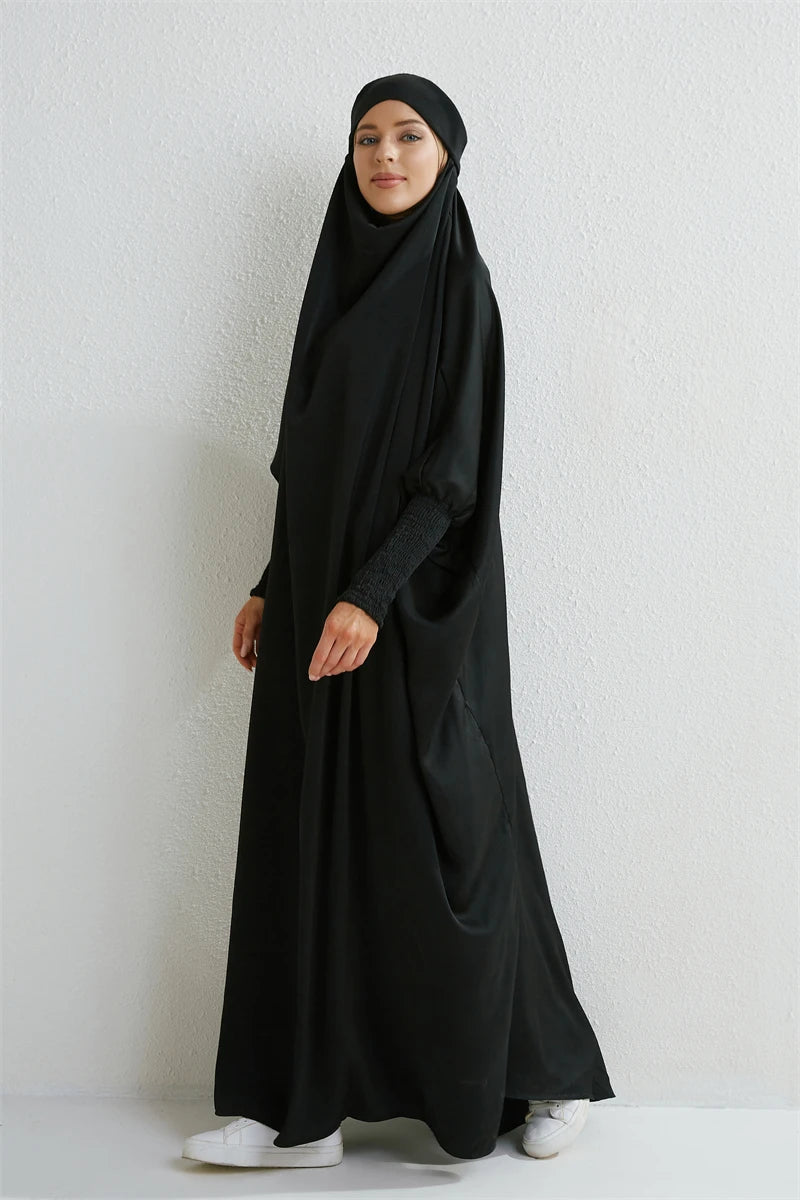 Muslim Abaya Women Jilbab Hooded Smocking Sleeve One-piece Prayer Dress Islamic Clothing Dubai Saudi Black Robe Turkish Modesty
