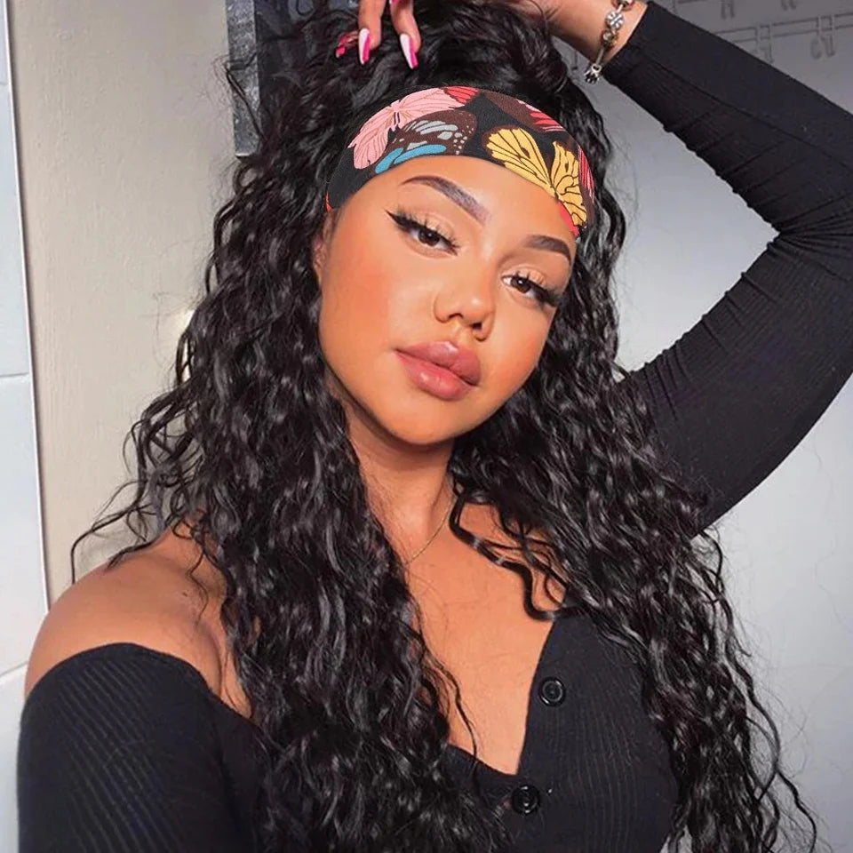 Water Wave Human Hair Headband Wigs For Women Kinky Curly Cheap Wig Fall Machine Made Brazilian Remy Human Hair